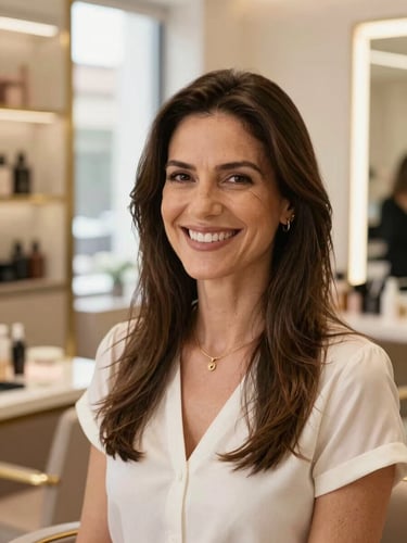Close-up of professional stylist Márcia Cavallini warmly smiling in her boutique salon, soft natural lighting highlighting elegant nude and gold interior details, professional and welcoming atmosphere, 85mm lens