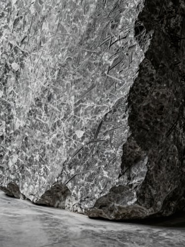 Vertical portrait of a massive graphite-toned stone monolith standing on a polished concrete floor, extreme low angle emphasizing monumental scale, strong side-light carving out chisel marks.