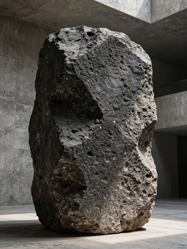 Low-angle monumental shot of a raw, dark stone sculpture with rich chisel marks and clay grain texture, single-source natural side-light casting deep shadows, set inside a minimalist raw concrete architectural space.