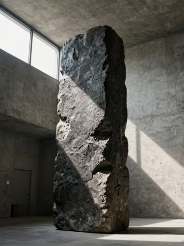 Low-angle monumental shot of a dark, textured stone sculpture standing in a raw concrete architectural hall with dramatic side-light from a high window casting long shadows.