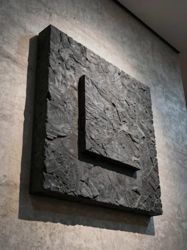 Low-angle monumental shot of a charcoal-gray textured wall sculpture mounted on a raw concrete wall, dramatic single-source natural side-light casting deep shadows, warm brutalist museum setting.