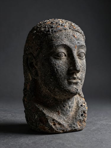 Low-angle portrait of a dark volcanic stone sculpture on a minimalist charcoal surface, natural side light casting long shadows.