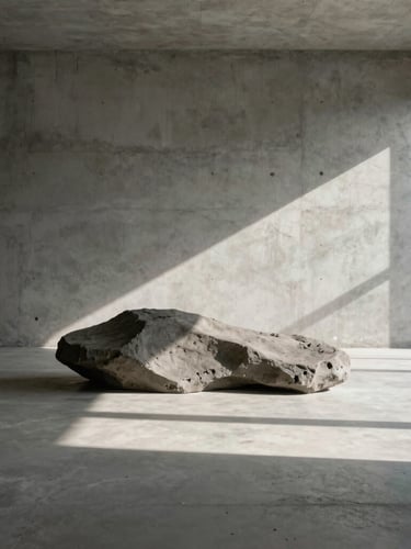 Low-angle architectural shot of a minimalist concrete living room, a large-scale clay floor sculpture projected near a raw plaster wall, dramatic natural side-light casting long shadows.
