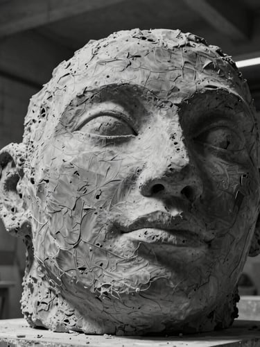 Low-angle monumental black and white shot of a massive raw clay sculpture in a concrete studio, dramatic side light carving deep textures.