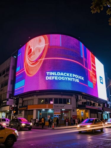 Low-angle heroic perspective of a massive digital billboard at a busy Bangalore intersection at night, vibrant neon glow, moving traffic light trails.