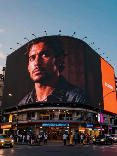Low-angle heroic perspective of a massive digital billboard in a bustling Mumbai intersection, vibrant evening neon lighting, rich saturated tones, cinematic wide-angle.