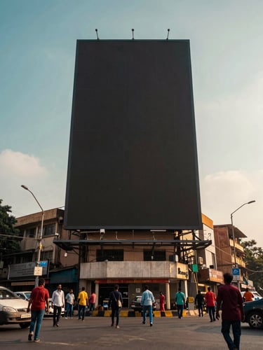 Low-angle heroic perspective of a massive high-impact billboard at a crowded Bangalore intersection, vibrant golden hour light, real human engagement below, cinematic editorial photography