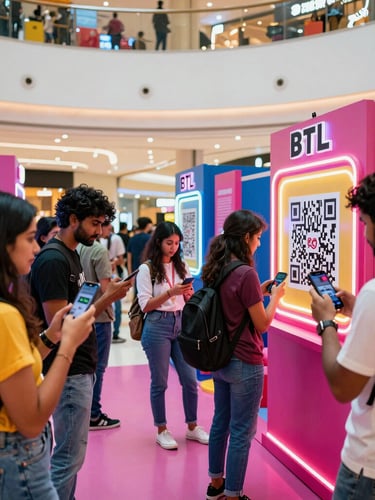 A vibrant BTL pop-up experience in a Bangalore mall, featuring modern neon-lit interactive displays, young Indian consumers scanning QR codes with smartphones, high-contrast cinematic lighting.