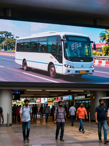 Wide-angle environmental shot of a vibrant transit hub in Bangalore, showcasing a massive illuminated digital screen displaying a sleek modern vehicle, real commuters walking past.