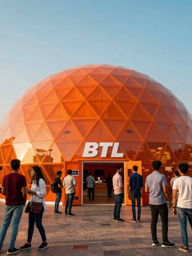 Low-angle heroic wide shot of a massive vibrant BTL experiential marketing dome in a bustling Mumbai tech park, modern Indian youth interacting, dramatic golden hour lighting, rich saturated tones.