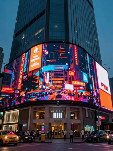 Low-angle heroic perspective of a massive digital billboard in a bustling Mumbai intersection, vibrant neon night-scapes reflecting on modern glass buildings.