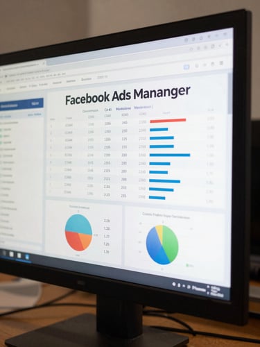 Close-up of a digital marketing analytics dashboard on a monitor, showing Facebook Ads Manager with ROAS columns, cost-per-conversion rows, and audience breakdown charts, neutral office lighting, sharp focus on data cells, no people visible