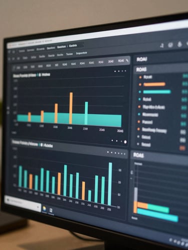 Close-up of a performance marketing dashboard on a dark monitor screen, multiple bar charts and ROAS metrics visible, neutral office lighting, shallow depth of field, no faces