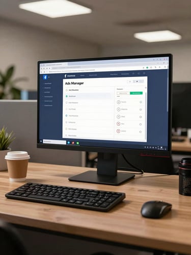 Wide-angle shot of a desk workspace showing a monitor with Facebook Ads Manager audience targeting panel, coffee cup beside keyboard, soft neutral overhead office light, no people