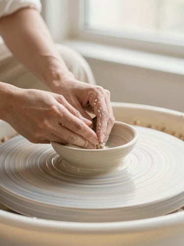 Hands of a master craftsman gently shaping a white porcelain plate on a pottery wheel, soft natural light, warm cream tones, shallow depth of field