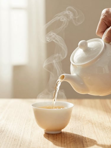 Hands carefully pouring herbal tea from a white porcelain teapot into a matching cup, soft steam rising in warm morning light