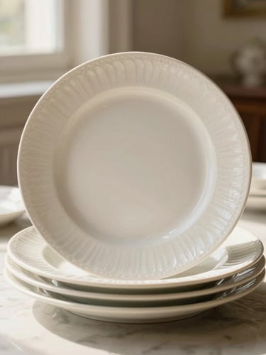 Large porcelain serving platter with delicate textures, sunlit dining room setting