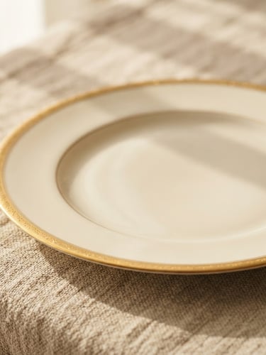 Macro shot of a luxury porcelain plate with delicate gold rim, resting on raw textured beige linen, soft morning sunlight casting elegant shadows