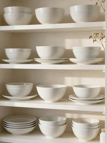 Aesthetic kitchen shelf displaying minimalist white porcelain bowls and plates alongside dried Baltic flowers, soft light