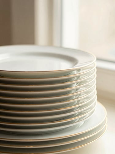Stack of elegant white porcelain plates with gold rims, soft morning light, shallow depth of field