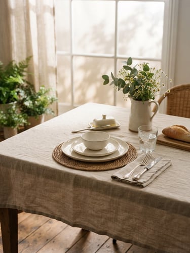 Elegant sunlit dining table with white porcelain plates, raw linen tablecloth, natural morning window light, warm shadows, editorial 35mm photography
