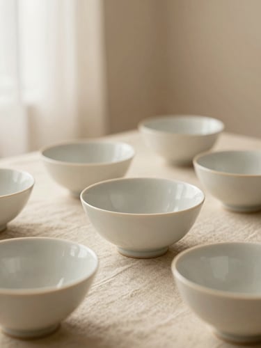 Delicate porcelain bowls on raw linen fabric, warm beige background, minimal aesthetic