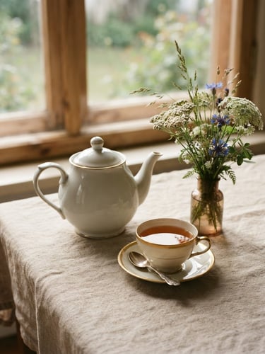 Elegant white porcelain teapot and a gold-rimmed cup on a raw linen tablecloth, soft morning window daylight casting long shadows, Baltic wild flora in a small vase, shallow depth of field, 35mm editorial photography