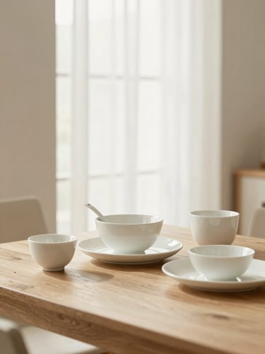 Minimalist white porcelain dining set on a light wooden table, soft window light, warm editorial style