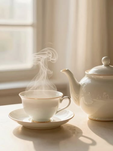 Porcelain teacup and teapot with steam rising, soft golden hour light, cozy editorial photography