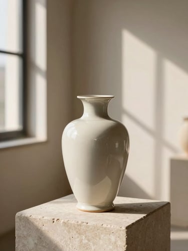 Artistic porcelain vase on a stone pedestal, minimalist interior, warm shadows