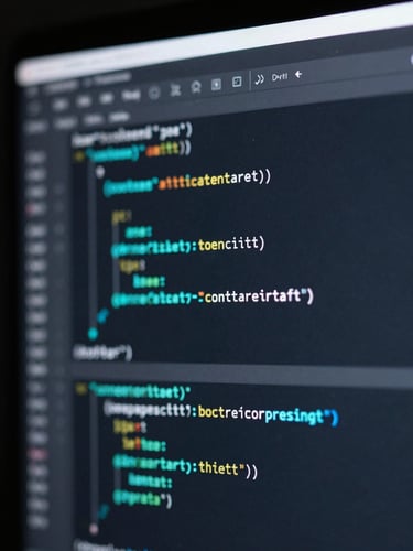 Macro close-up of a high-resolution screen displaying clean code blocks in a dark editor, cool-toned studio lighting, sharp neon cyan accents, 35mm lens.