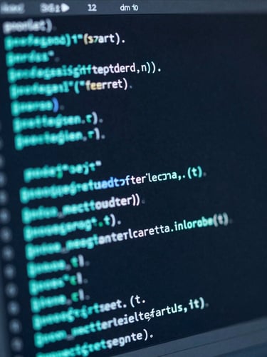 Macro close-up of a high-resolution code editor displaying clean, structured code with subtle neon cyan backlighting, cool-toned dark studio atmosphere, 35mm lens.
