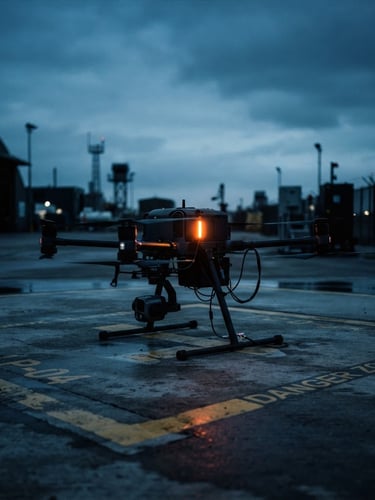 Low-key cinematic tactical photo of an industrial drone on a launchpad at dusk, cool blue and slate tones, sharp orange status light.