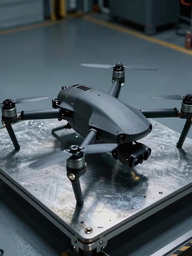 High-end industrial drone resting on a metallic launchpad inside a secure facility, sharp technical details, cool low-key blue and slate lighting, high-contrast.