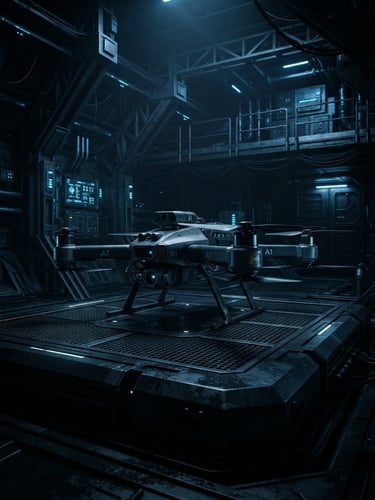 High-contrast technical shot of an autonomous drone on a launchpad, low-key cool slate lighting, sharp highlights, architectural framing.