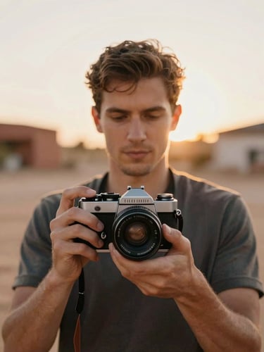 Wide portrait framing, photographer's hands holding a vintage film camera at waist level in warm golden-hour light, soft bokeh of an outdoor setting behind, terracotta and sand tones, no direct eye contact
