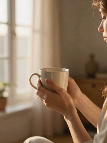 Wide portrait frame, soft window light falling across a woman's hands holding a warm mug, blurred warm-toned domestic interior in background, golden afternoon haze, intimate and unhurried