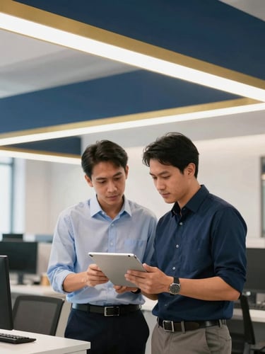 Modern digital workspace in Jakarta, Indonesian professional guiding a local business owner on a tablet, clean architectural lighting, navy and gold tones