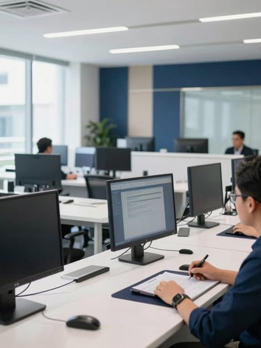 Professional clean training environment, modern digital workspace with structured layout, corporate training session in Jakarta, bright daylight, navy accents