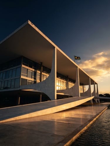 Low-angle architectural shot of the Palácio do Planalto in Brasília, dramatic golden-hour shadows, concrete curves reflecting warm light, clean negative space.