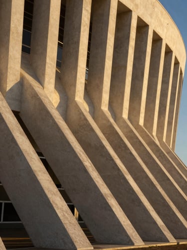 Extreme close-up of Niemeyer's concrete columns at the Alvorada Palace, dramatic linear shadows, architectural abstract curves, warm golden hour light, clean minimalist composition.