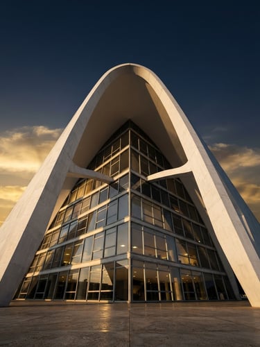 Low-angle architectural photography of a monumental concrete arch facade in Brasília, sharp golden-hour shadows casting deep lines on pristine glass panels, ultra-premium minimalist composition.
