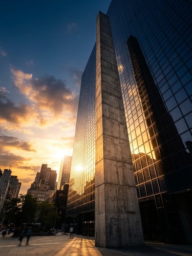 Low-angle architectural perspective of a concrete modernist column reflecting golden hour sunlight on glass facade, deep navy and warm gold tones, editorial architectural photography.