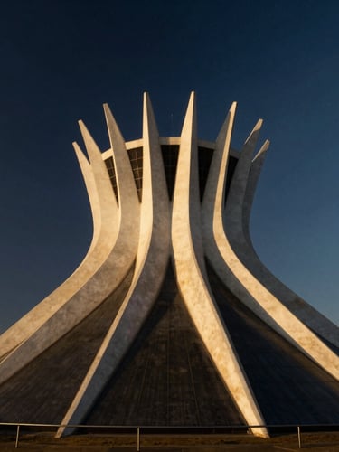 Low-angle architectural perspective of a modernist concrete dome in Brasília, dramatic golden hour shadows casting sharp lines across the clean structure, deep navy sky, minimalist composition