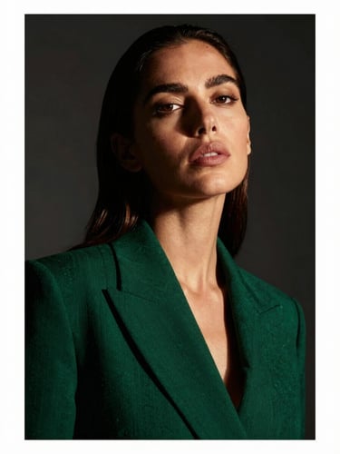 Low-angle medium-close up of Araceli Raso Malabo, high-fashion editorial portrait, dramatic studio lighting, deep emerald and obsidian tones, sharp focus, looking directly at the camera.