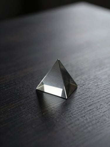 Minimalist dark-mode digital photography of a glass prism reflecting soft glowing light onto a dark wooden desk, deep charcoal and silver tones, shallow depth of field