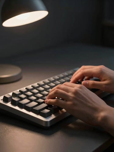 Macro shot of hands typing on a mechanical keyboard, warm ambient glow from a desk lamp, deep charcoal background, clean academic desk setup