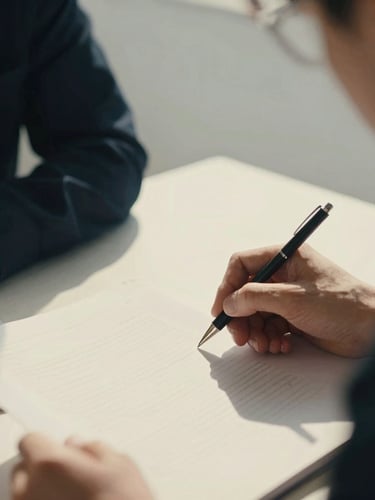 Close-up of a partner in focused, unposed strategic discussion over a structured document, sharp geometric shadows, warm alabaster tones, 35mm.