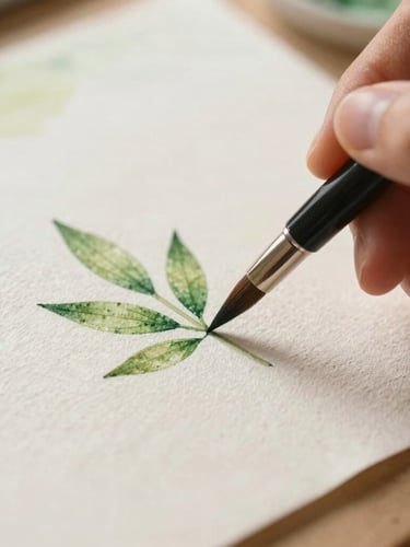 Extreme close-up of hands holding a fine-tip brush, painting delicate green leaves on textured cotton paper, watercolor pooling beautifully on the paper edges, soft warm daylight.