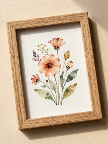 Overhead flat-lay of a hand-painted floral watercolor card framed in a light oak frame on a warm textured cream surface, soft side-light casting gentle shadows